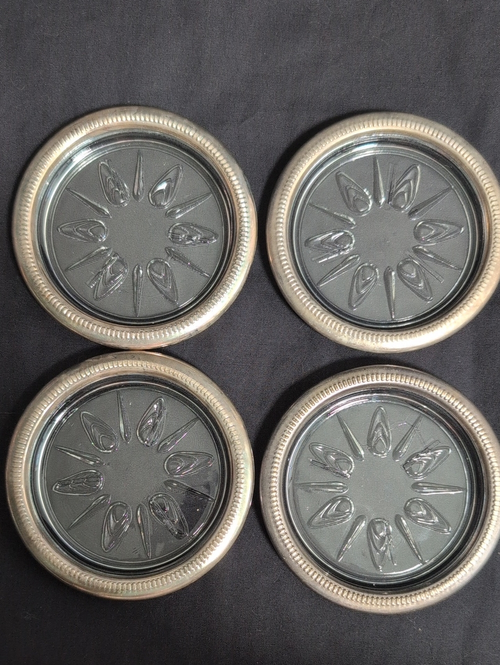 Set of 4 Vintage Glass Coasters with Silverplated Rims